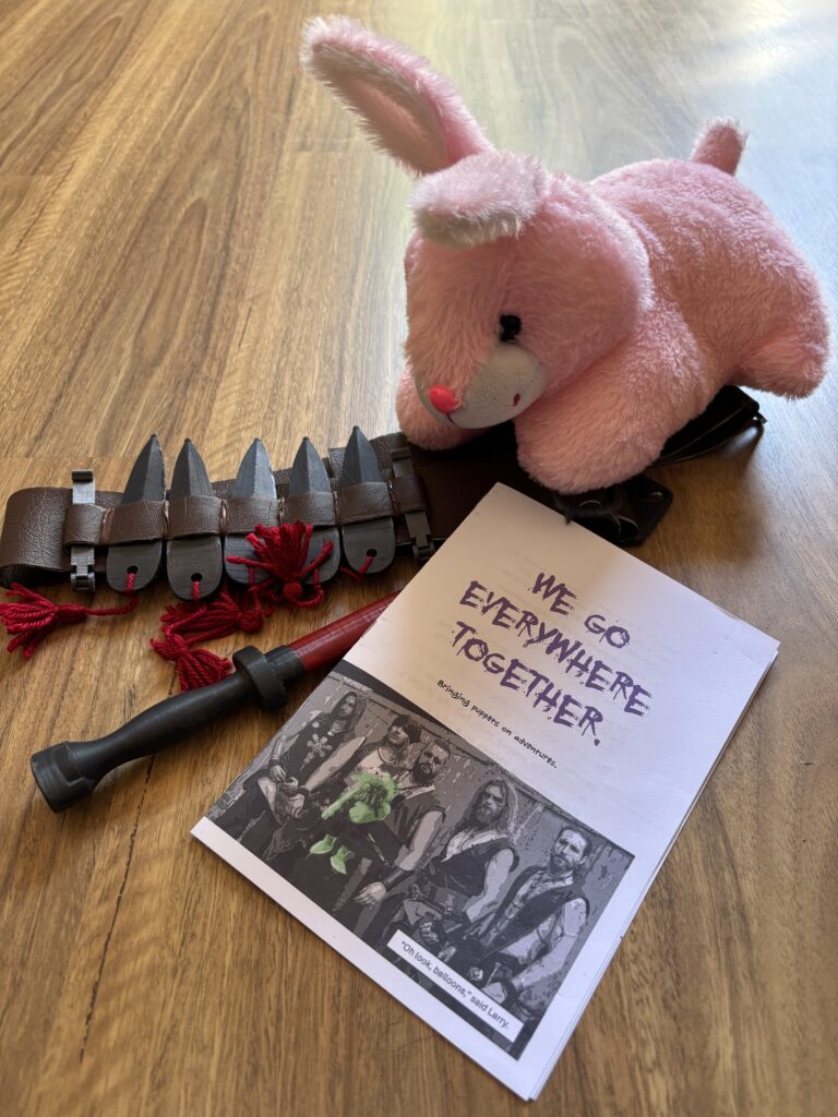 Photo of a plush, pink rabbit with some adventure gear and a copy of the We Go Everywhere Together zine.